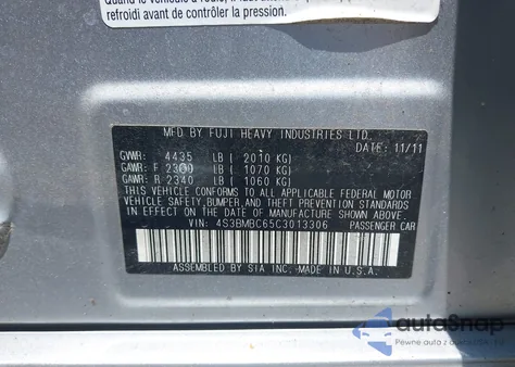 2012 Subaru Legacy 2.5I Premium from USA, damaged, VIN 4S3BMBC65C3013306